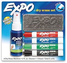 DRY ERASE KIT, CHISEL TIP, ASSORTED COLORS, EXPO, WITH SPRAY/ERASER/MARKERS LARGE